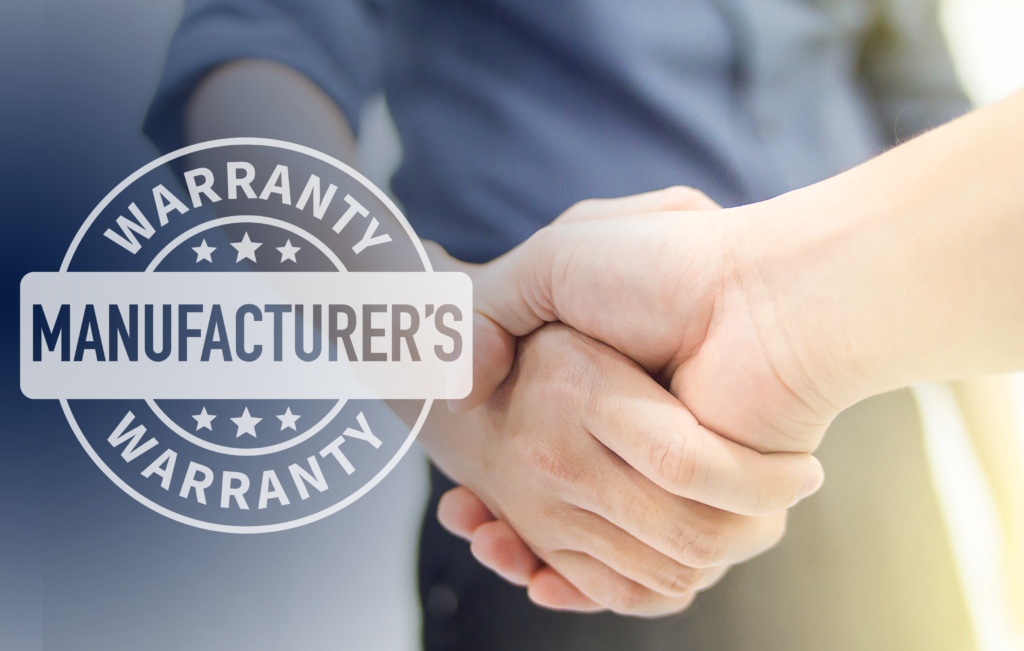 Handshake superimposed by a manufacturer's warranty seal.