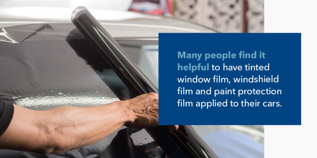 Many people find it helpful to have tinted window film, windshield film and paint protection film applied to their cars.